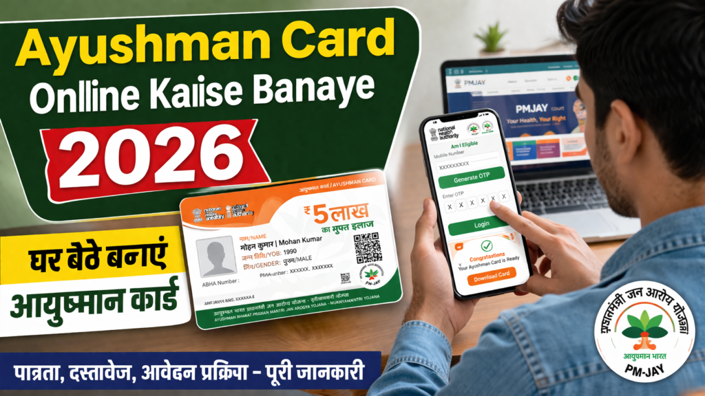 Featured Image Suggestion (1200×675) Image Idea: एक व्यक्ति मोबाइल से आयुष्मान कार्ड बनाते हुए टेक्स्ट ओवरले: “Ayushman Card Online Kaise Banaye 2026”